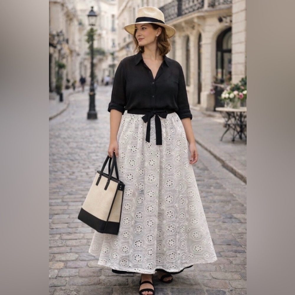 Pari Passu Cotton Eyelet Maxi Skirt White Black Lining Floral A-Line 14/18 NWT